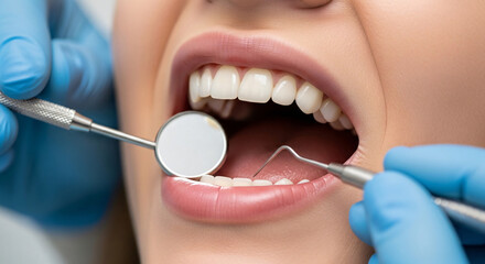 Fototapeta premium Close-up of a patient receiving dental treatment with dental mirror and explorer tools during a dental checkup in a clinical setting with gloved hands performing oral care