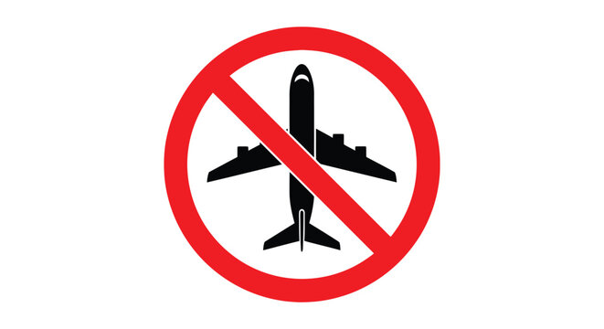 Vector graphic illustration of a prohibited airplane symbol indicating no flights allowed access or landing zone
