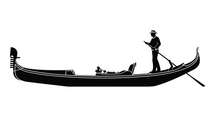 A striking black silhouette depicts a gondolier and his boat on calm waters silhouette high quality professional detailed © nhpvect02