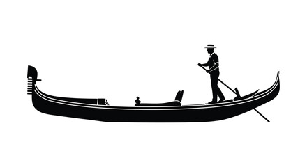 A striking black silhouette depicts a gondolier propelling his traditional venetian boat forward silhouette high quality professional detailed modern © nhpvect02