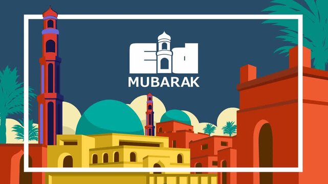 Colorful Eid Mubarak Islamic city animation with mosque domes, tall minarets and palm trees in flat illustration style. Festive loop ideal for greeting videos, social media, and event backgrounds.