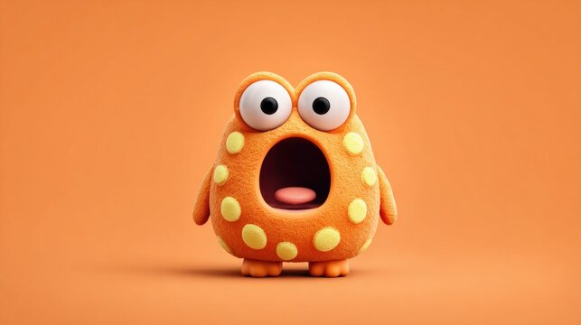 Cute orange monster with big eyes and open mouth, surprised expression, 3d render
