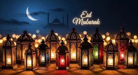 Obraz premium Eid Mubarak Celebration with Glowing Lanterns and Crescent Moon Ramadan Mubarak