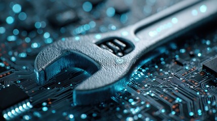Adjustable wrench on a glowing circuit board representing technology repair and maintenance