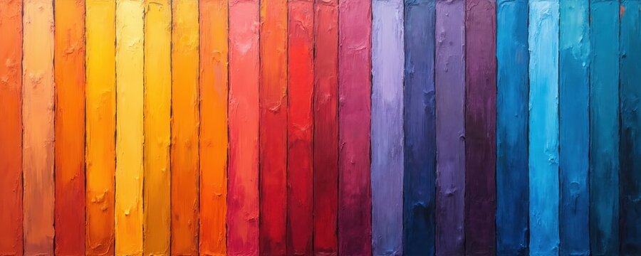 Vertical abstract bars show gradient of warm to cool colors. Textured paint strokes create layered visual effect. Modern art composition with bold hues for vibrant background.