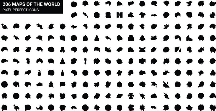 World map icon set with 206 country silhouettes, pixel perfect geographic outlines for education, cartography, design, travel, and global illustration
