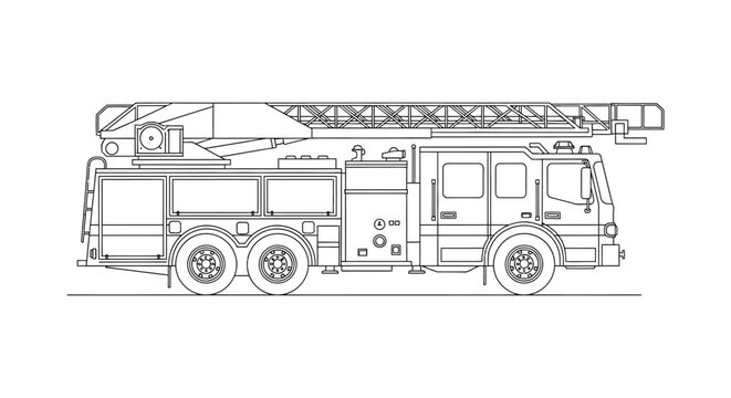 Detailed line drawing depicts a large fire truck with an extended ladder showcasing a stark silhouette high quality