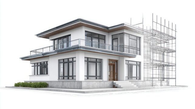Modern house design transitioning from blueprint sketch to architectural rendering