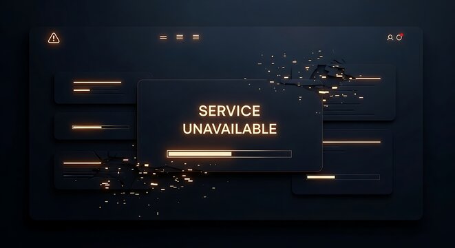 Service unavailable message with glitch effect and debris, digital error concept.