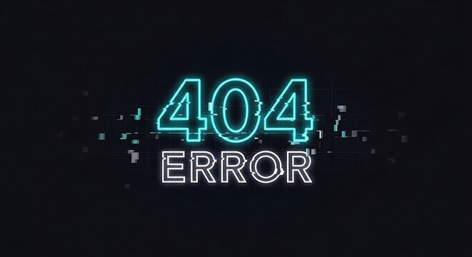 404 error neon sign with digital glitch effect on a dark background