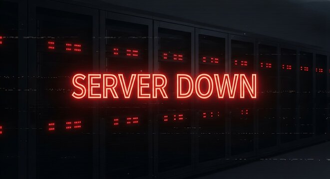 Server down, red neon warning light in a dark server room, technology failure and outage.