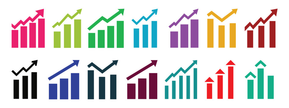 Business Growth Icon Set with Arrow Up, Increasing Graph and Financial Chart Symbols. Business growing graph icon set profit increase decrease arrow. 