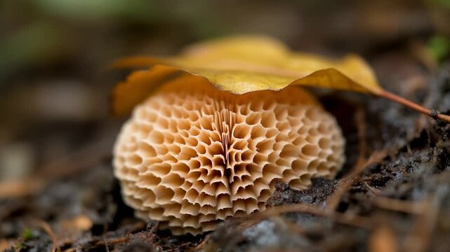 Close-up view of a textured mushroom cap with a leaf overhead