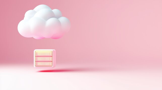 A modern cloud tech ad with a floating server and cloud glow, copy space on the upper left
