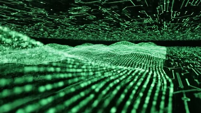 Abstract green digital data flowing across a futuristic circuit board background