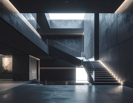 Minimal concrete atrium with skylight and dramatic natural light in a modern interior