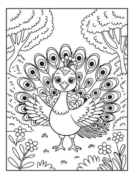 Cute animals with a forest background for kids, teens, and adults. Black and white coloring activity book.