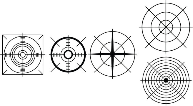 A set of crosshair targets in various vector illustration styles and designs
