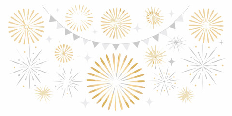 Golden fireworks and festive bunting against a white background