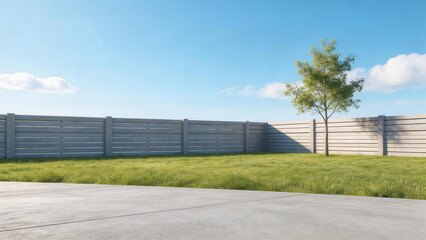 Obraz premium Lawn with concrete fence, single tree, and paved area under a clear blue sky. Modern architectural fence, green grass, and open outdoor space for residential property.
