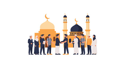 Graduation ceremony group celebrating success outside mosque with golden domes in sunlight © Al Amin Stock