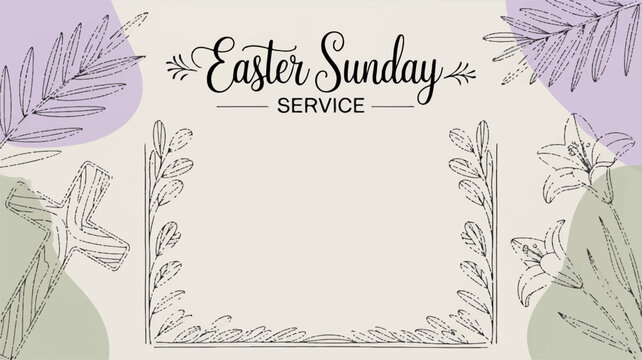 Easter sunday service invitation card with floral design and cross symbol on beige background