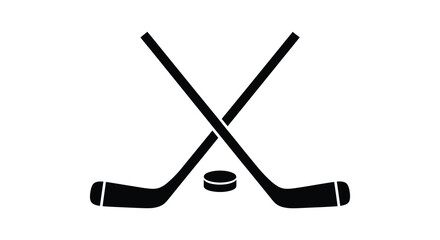 A striking black silhouette depicts two hockey sticks crossed with a puck conveying sport and competition silhouette © AL-AMIN