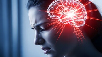 Severe migraine and brain activity visualization. Neurology and mental health diagnosis. Side profile of a woman in pain with a glowing red neural network indicating a headache or stroke.