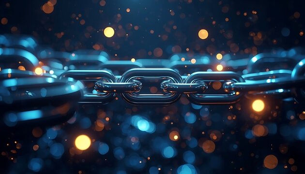 A striking 3D render showcasing a series of interconnected blockchain links surrounded by vibrant blue and orange bokeh lights, symbolizing digital security and connection.