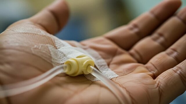 IV inserted into a patient's hand. Close-up of cannula and tubing, medical setting