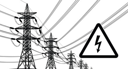 High voltage power lines and warning sign depicted in a striking black silhouette high quality professional detailed modern © AL-AMIN
