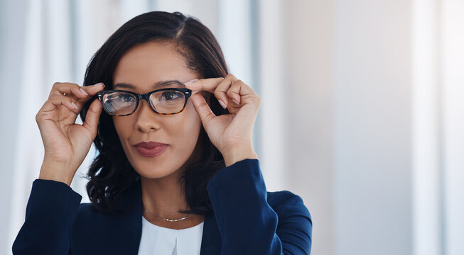 Eye care, woman or glasses choice in store for frame shopping, prescription eyewear or size fitting. Space, happy person or check spectacles in shop for vision correction, optometry or optical health