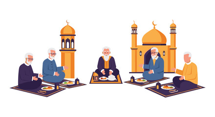 Muslim scholars discussing Quran in traditional mosque with golden domes and warm lighting © Al Amin Stock