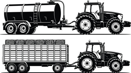 Agricultural tractor with tanker trailer and hay transport wagon silhouette set representing modern farming equipment, rural transport machinery and agricultural logistics illustration © Shoentesh