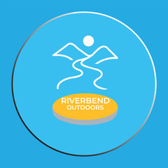 Riverbend Outdoors logo design with winding river, mountains, and sun in a circular blue frame