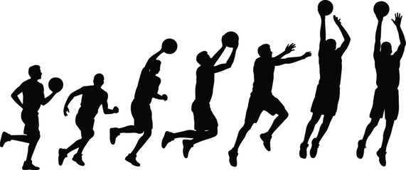 Basketball player silhouette sequence, jumping and shooting action poses, sport movement progression concept, black vector isolated illustration © Vexora Studio