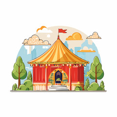 Obraz premium Vibrant flat vector illustration of a traditional circus tent or festive pavilion, set against a city backdrop, perfect for events and entertainment