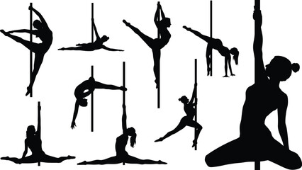 Pole dance silhouette collection, athletic female acrobatic performance poses, fitness training concept, black vector isolated illustration set