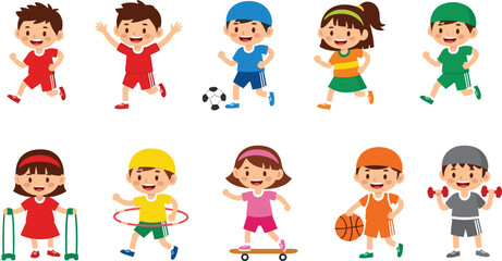 Cute cartoon kids playing sports and exercising collection featuring running, soccer, basketball, skateboarding and fitness activities illustration set for children sports and healthy lifestyle