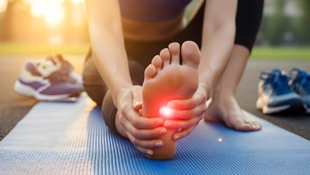 Foot pain and plantar fasciitis inflammation. Podiatry care and athletic injury recovery. Close up of a female runner holding her sore foot on a yoga mat during sunset