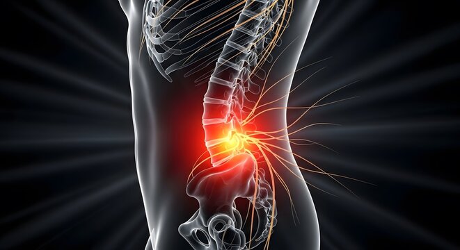 Lower back pain and sciatica nerve inflammation. Chiropractic care and spinal alignment. 3D medical illustration of a human spine with glowing nerves and red pain area