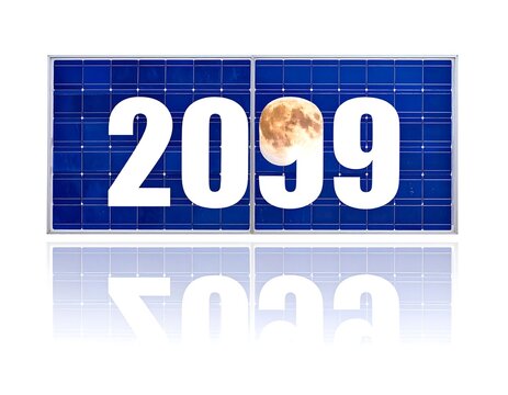 Solar panels arranged behind the year "2099", with a moon inside the "0", all reflected below
