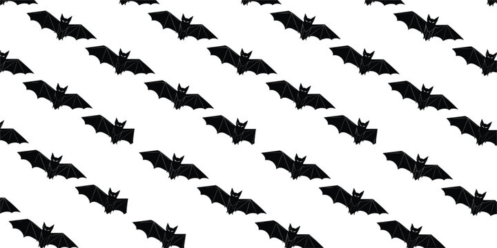 Flying Bat Seamless Pattern with Black Halloween Bats Silhouette Background for Spooky Holiday Decoration, Textile Print, Wrapping Paper, and Surface Design