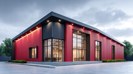 Fototapeta premium Modern industrial building with red facade and large windows under a cloudy sky.