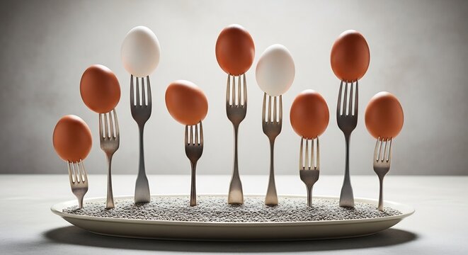 An artistic arrangement of eggs impaled on forks on a plate.