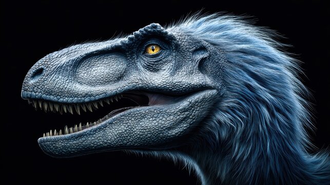 Realistic blue dinosaur portrait against a black background