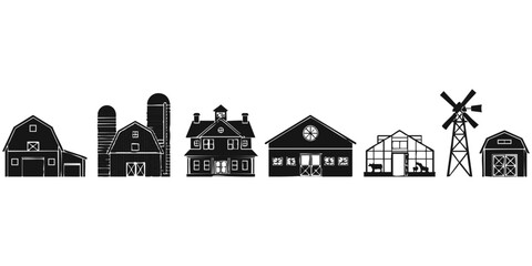 Obraz premium SEO Optimized Title: Farm Building and Agricultural Silhouette Set: Barn, Silo, Farmhouse, and Windmill Icons