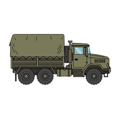 Obraz premium Military truck with covered cargo area on white background