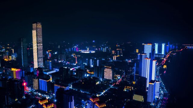 Changsha City Skyline at Night with Colorful Building Lights