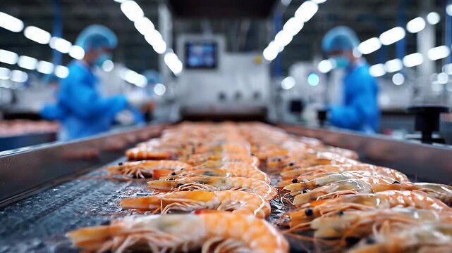 Cooked shrimp on conveyor belt in food processing plant